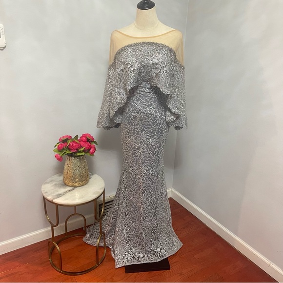 Mac Duggal Pearl Grey Cape Style Embellished Wedding Evening Gown- NWT- Reemoly - Picture 3 of 17
